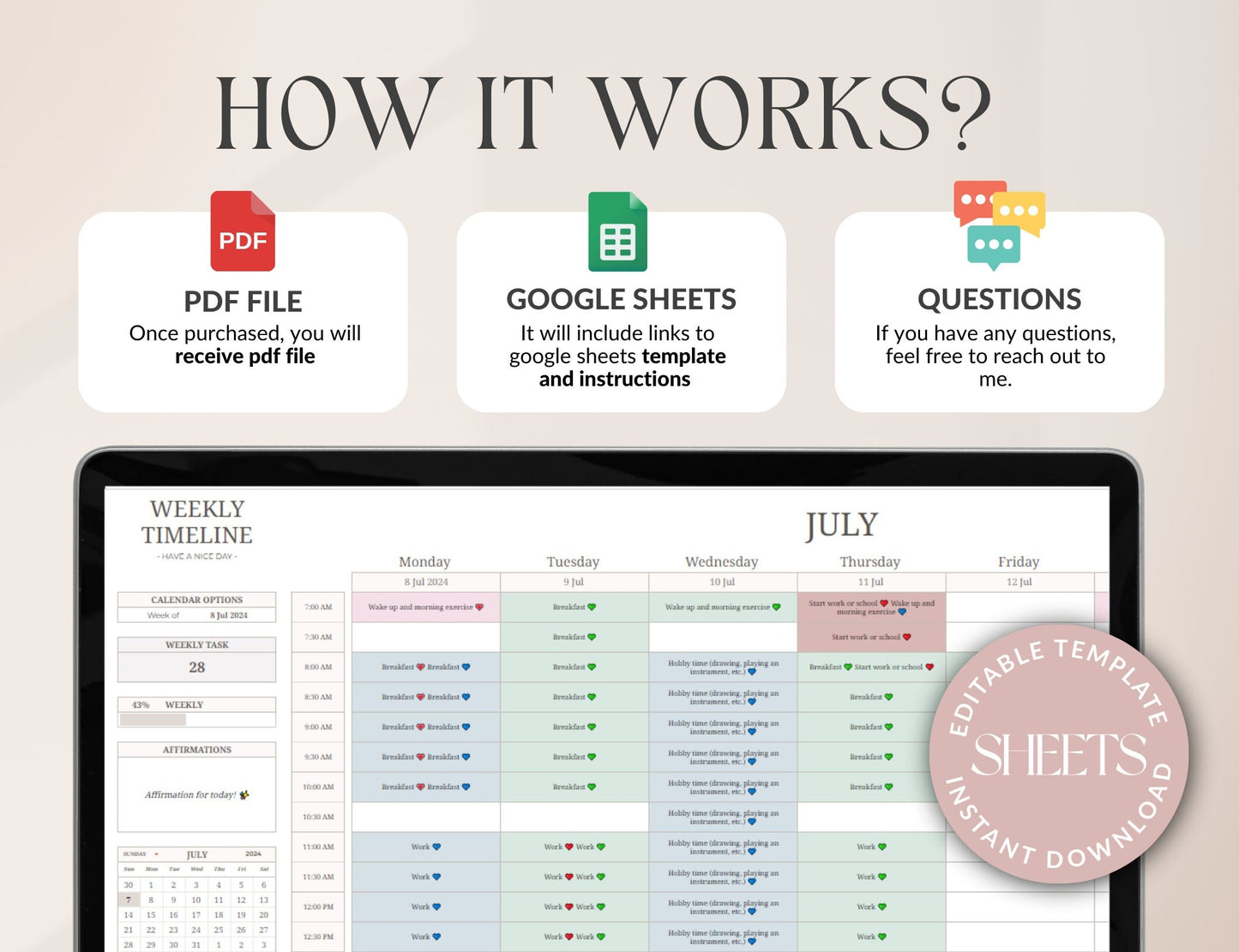 Daily Weekly Monthly Spreadsheet Planner, Digital Planner Google Sheets, Task Tracker, Time Managment