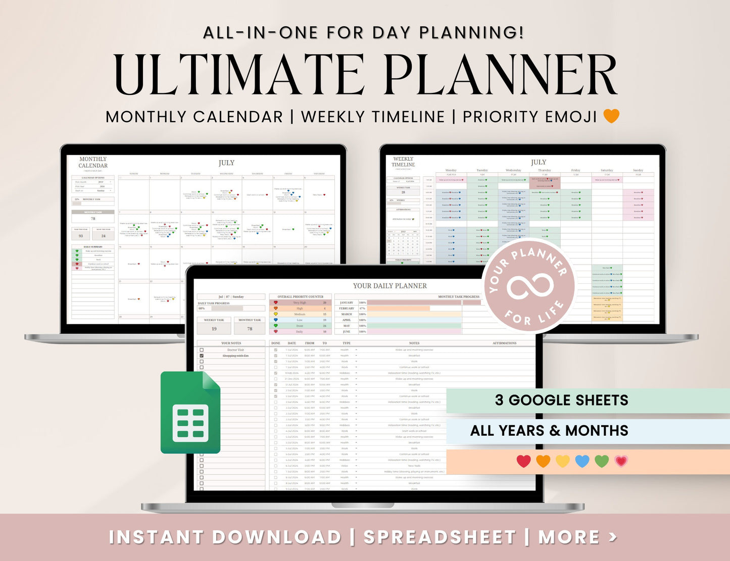 Daily Weekly Monthly Spreadsheet Planner, Digital Planner Google Sheets, Task Tracker, Time Managment