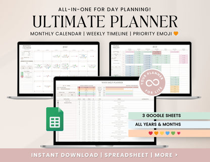 Daily Weekly Monthly Spreadsheet Planner, Digital Planner Google Sheets, Task Tracker, Time Managment