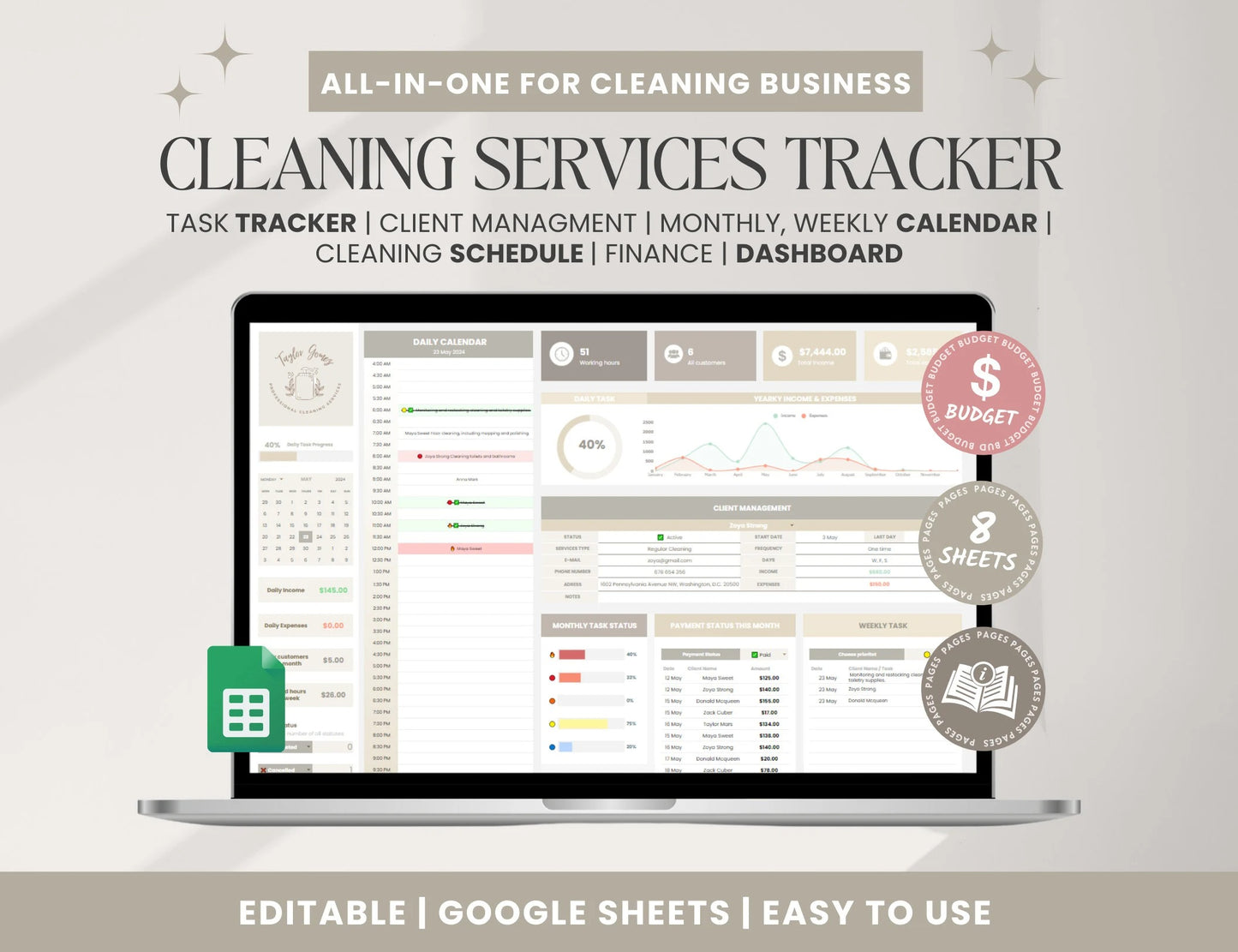 Cleaning Services CRM Bundle, Editable Client tracker, Task Tracker Spreadsheet Template, Cleaning Business Schedule