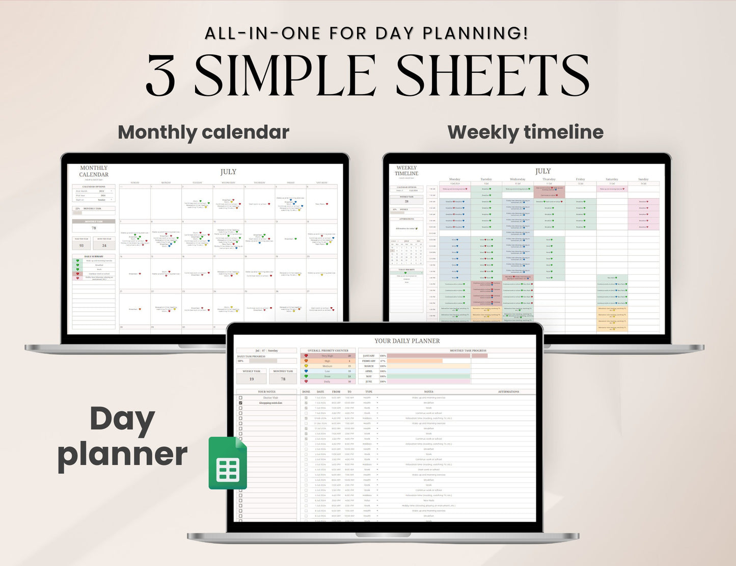 Daily Weekly Monthly Spreadsheet Planner, Digital Planner Google Sheets, Task Tracker, Time Managment