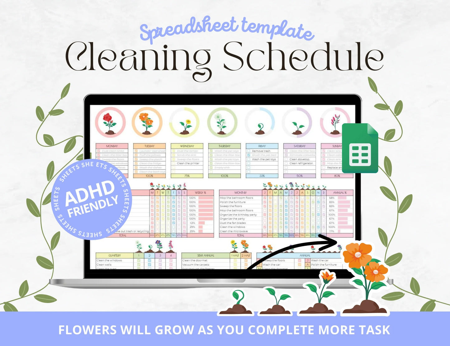 DHD Cleaning Schedule, Spreadsheet Template, Weekly, Monthly, Annual Cleaning Checklist, Cleaning Tracker