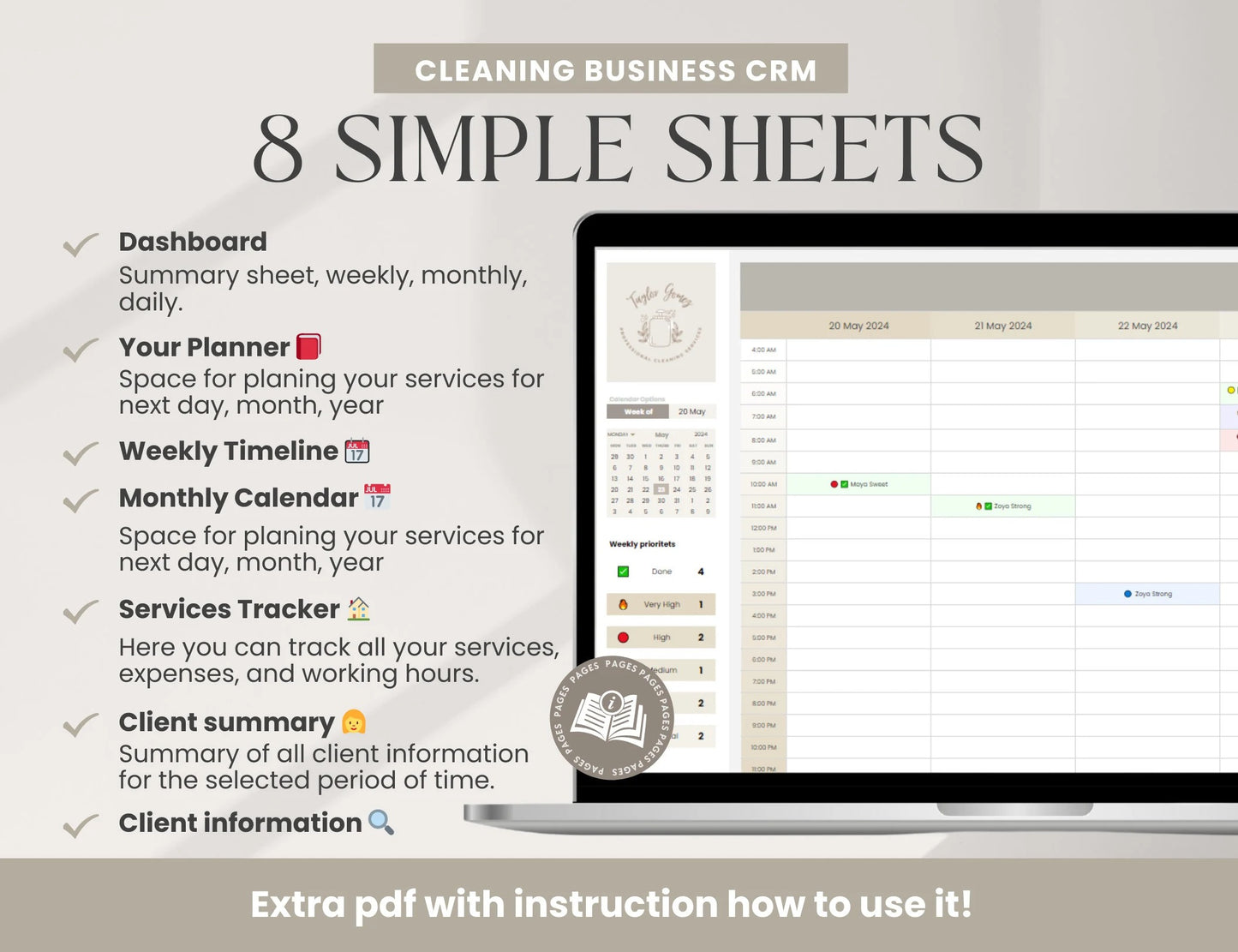 Cleaning Services CRM Bundle, Editable Client tracker, Task Tracker Spreadsheet Template, Cleaning Business Schedule