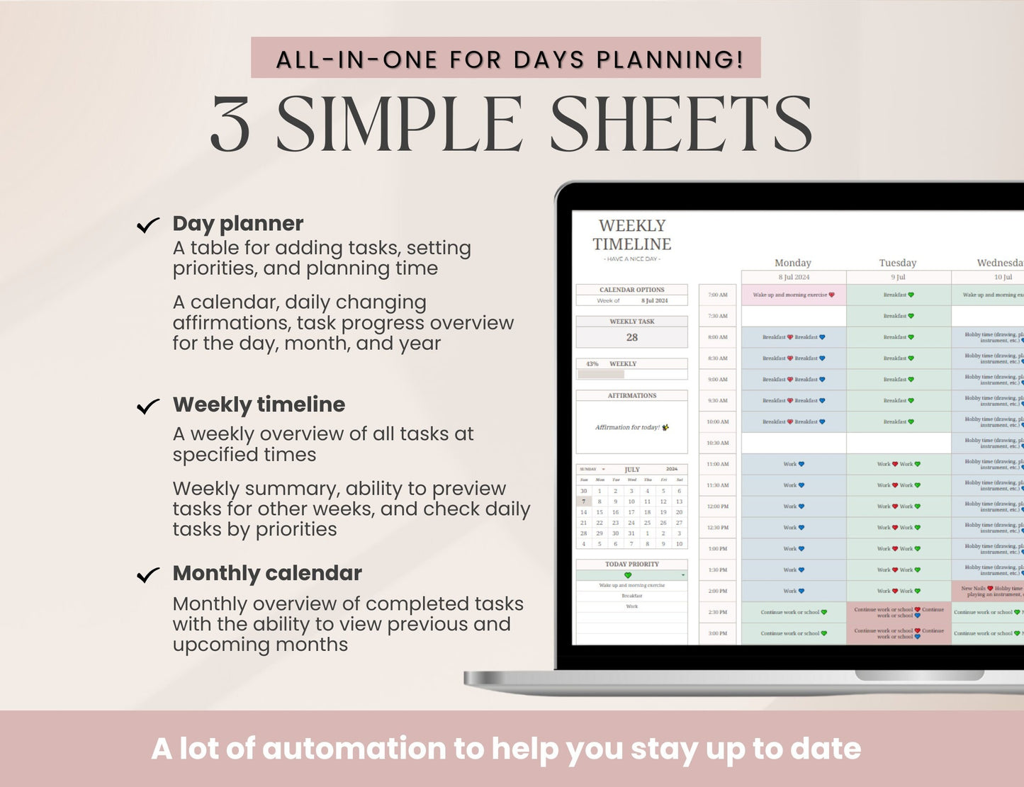 Daily Weekly Monthly Spreadsheet Planner, Digital Planner Google Sheets, Task Tracker, Time Managment