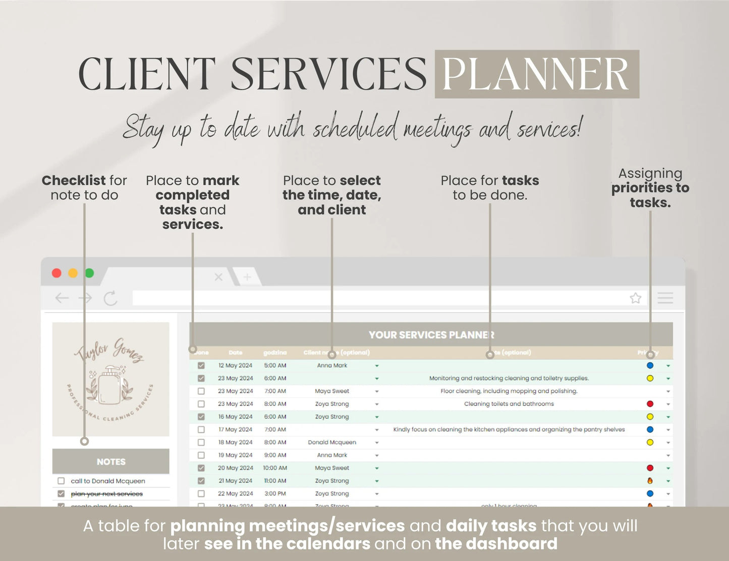 Cleaning Services CRM Bundle, Editable Client tracker, Task Tracker Spreadsheet Template, Cleaning Business Schedule