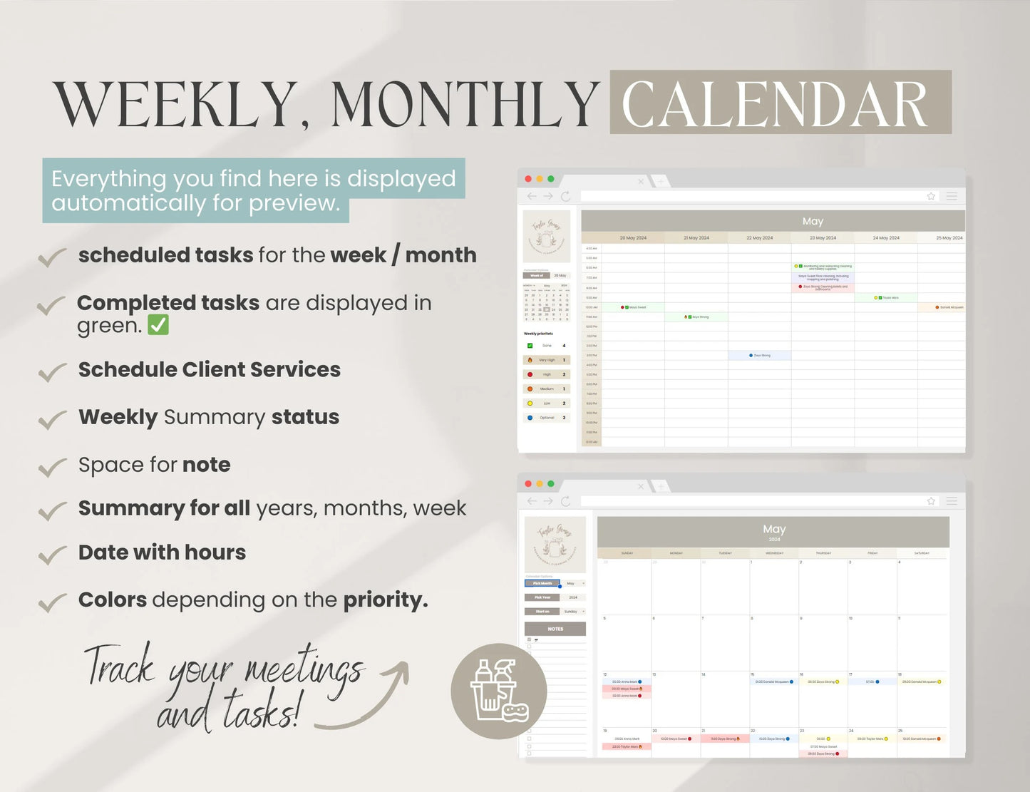 Cleaning Services CRM Bundle, Editable Client tracker, Task Tracker Spreadsheet Template, Cleaning Business Schedule