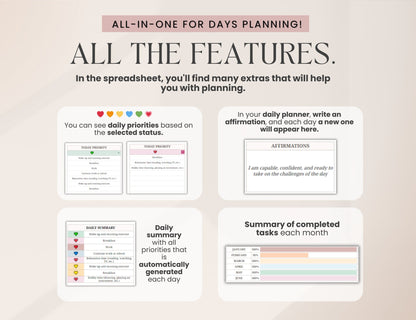Daily Weekly Monthly Spreadsheet Planner, Digital Planner Google Sheets, Task Tracker, Time Managment