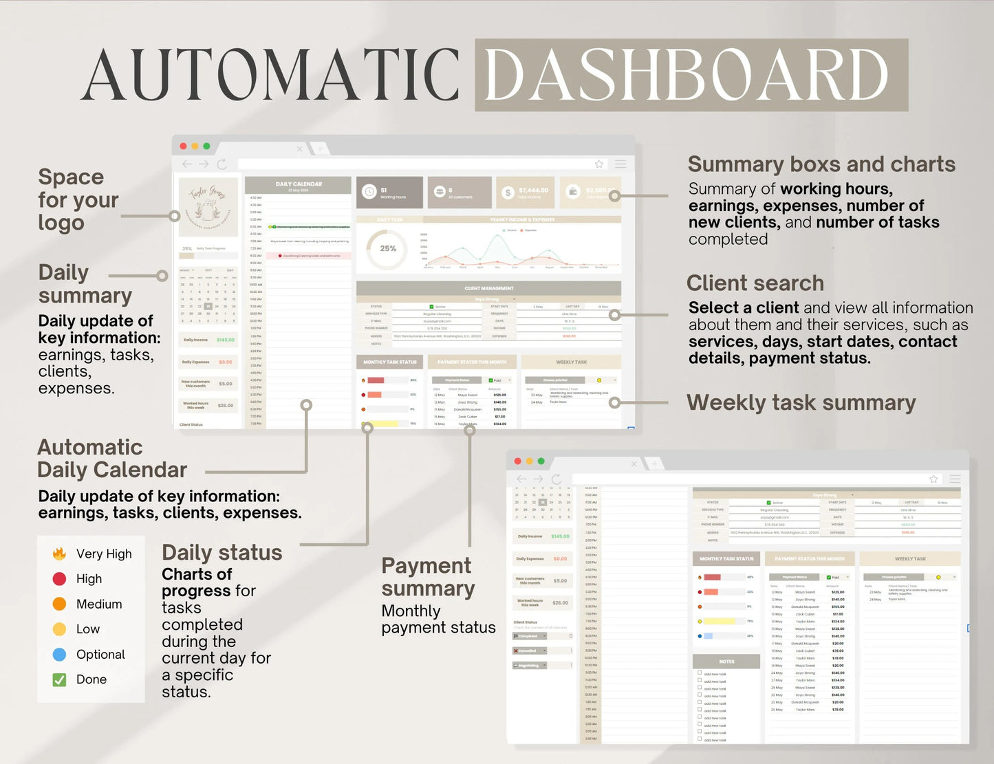 Cleaning Services CRM Bundle, Editable Client tracker, Task Tracker Spreadsheet Template, Cleaning Business Schedule