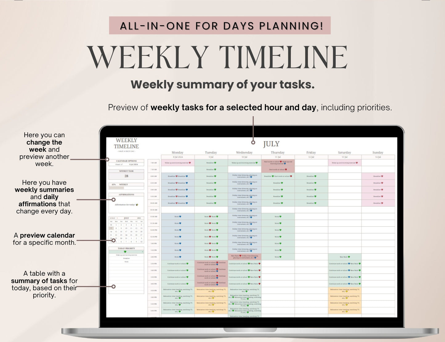 Daily Weekly Monthly Spreadsheet Planner, Digital Planner Google Sheets, Task Tracker, Time Managment