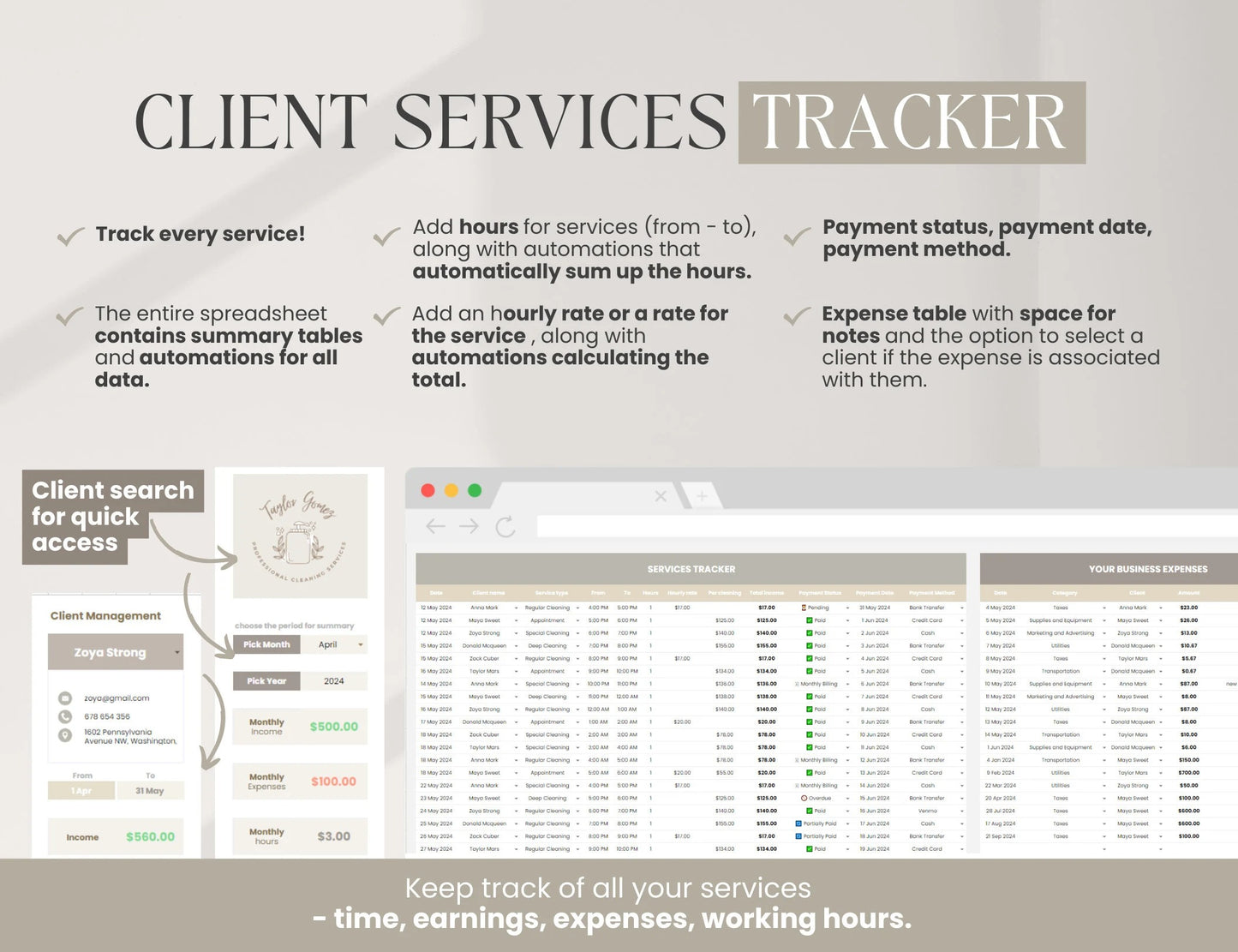 Cleaning Services CRM Bundle, Editable Client tracker, Task Tracker Spreadsheet Template, Cleaning Business Schedule
