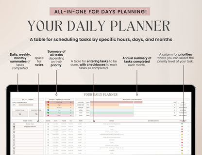 Daily Weekly Monthly Spreadsheet Planner, Digital Planner Google Sheets, Task Tracker, Time Managment