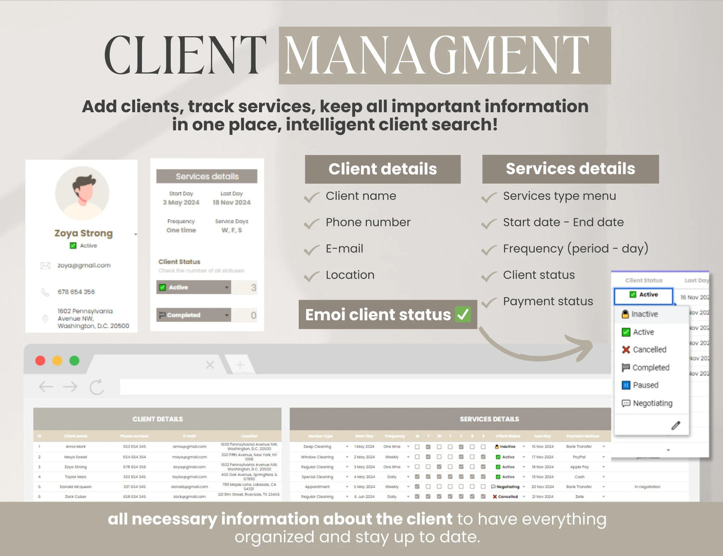 Cleaning Services CRM Bundle, Editable Client tracker, Task Tracker Spreadsheet Template, Cleaning Business Schedule