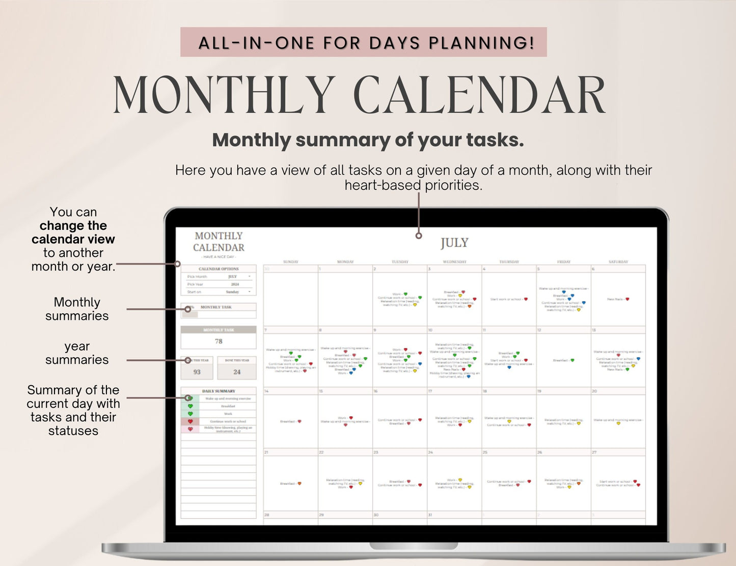 Daily Weekly Monthly Spreadsheet Planner, Digital Planner Google Sheets, Task Tracker, Time Managment