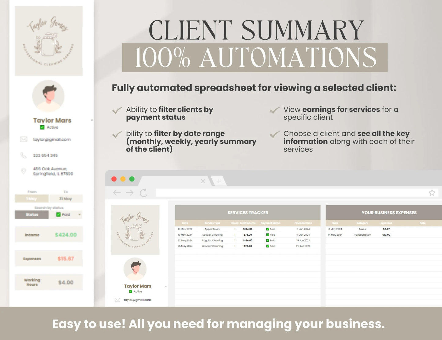 Cleaning Services CRM Bundle, Editable Client tracker, Task Tracker Spreadsheet Template, Cleaning Business Schedule