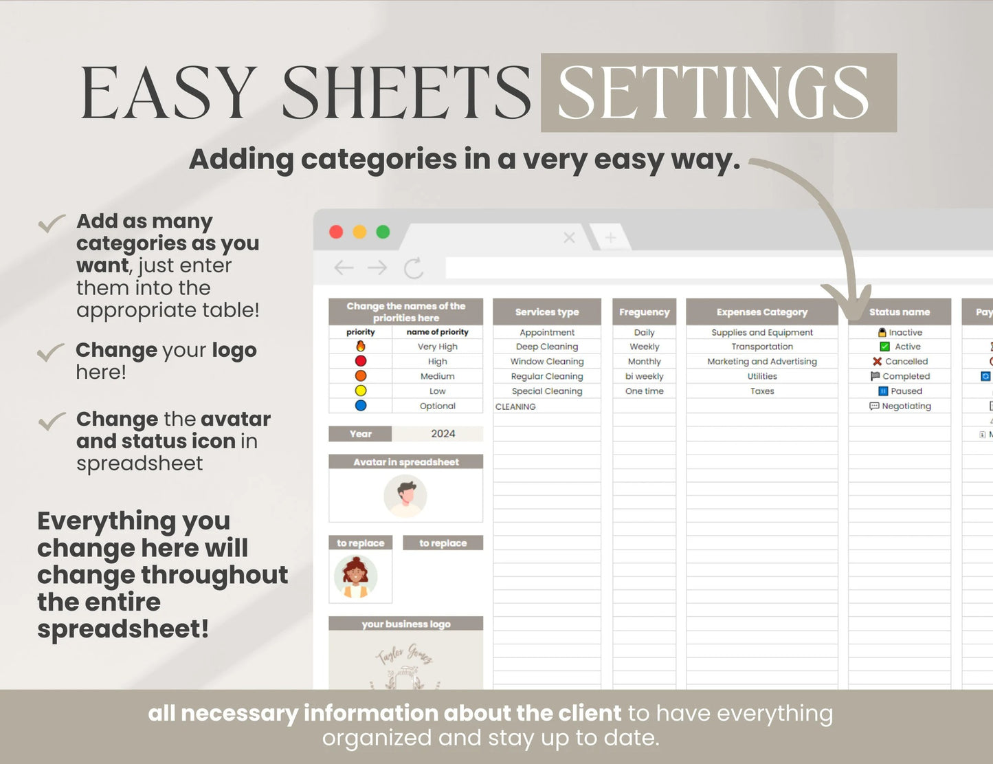 Cleaning Services CRM Bundle, Editable Client tracker, Task Tracker Spreadsheet Template, Cleaning Business Schedule