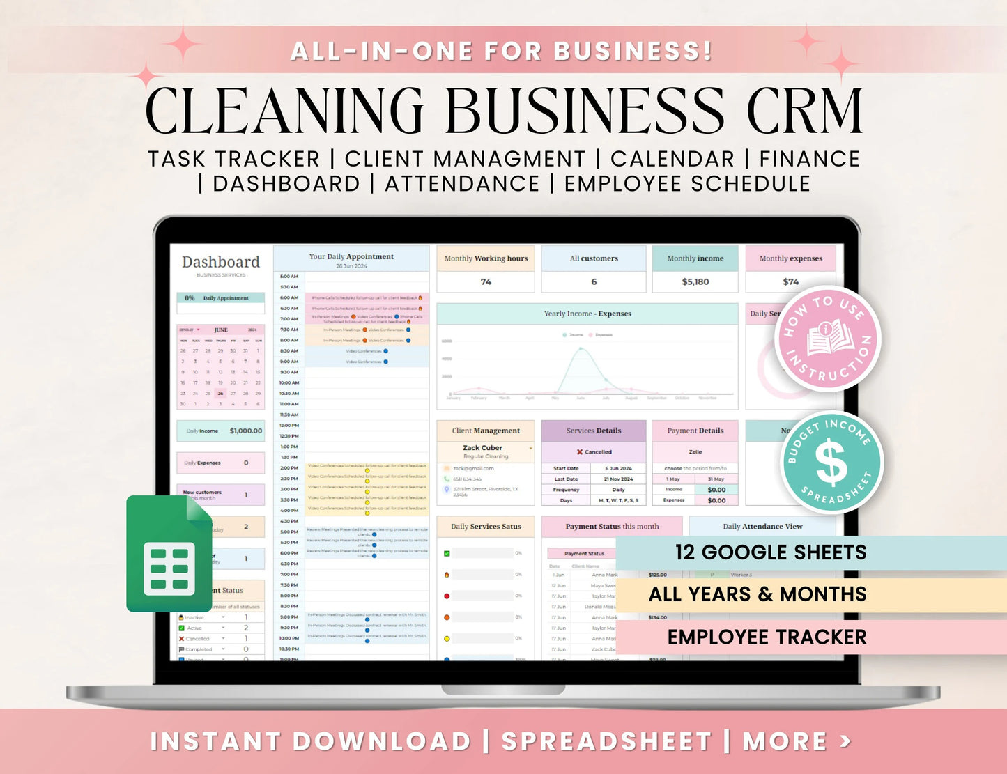 Cleaning Business CRM | Client tracker | Task Tracker Google Sheets Template | Budget | Cleaning Schedule