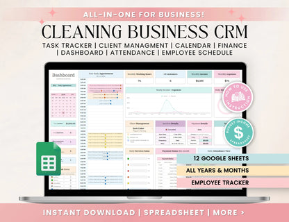 Cleaning Business CRM | Client tracker | Task Tracker Google Sheets Template | Budget | Cleaning Schedule