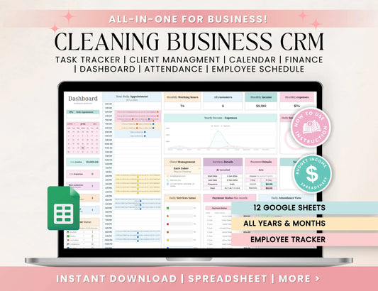 Cleaning Business CRM | Client tracker | Task Tracker Google Sheets Template | Budget | Cleaning Schedule