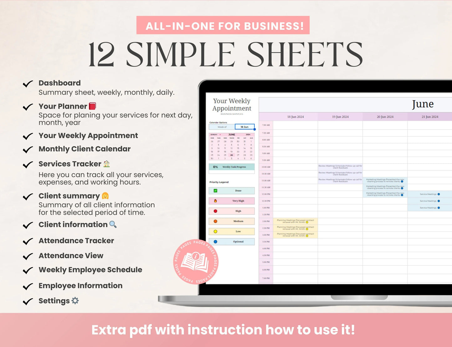 Cleaning Business CRM | Client tracker | Task Tracker Google Sheets Template | Budget | Cleaning Schedule