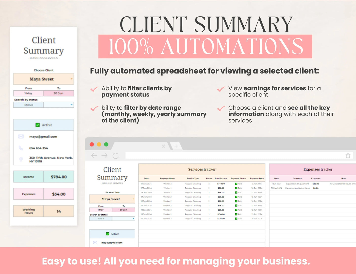 Cleaning Business CRM | Client tracker | Task Tracker Google Sheets Template | Budget | Cleaning Schedule