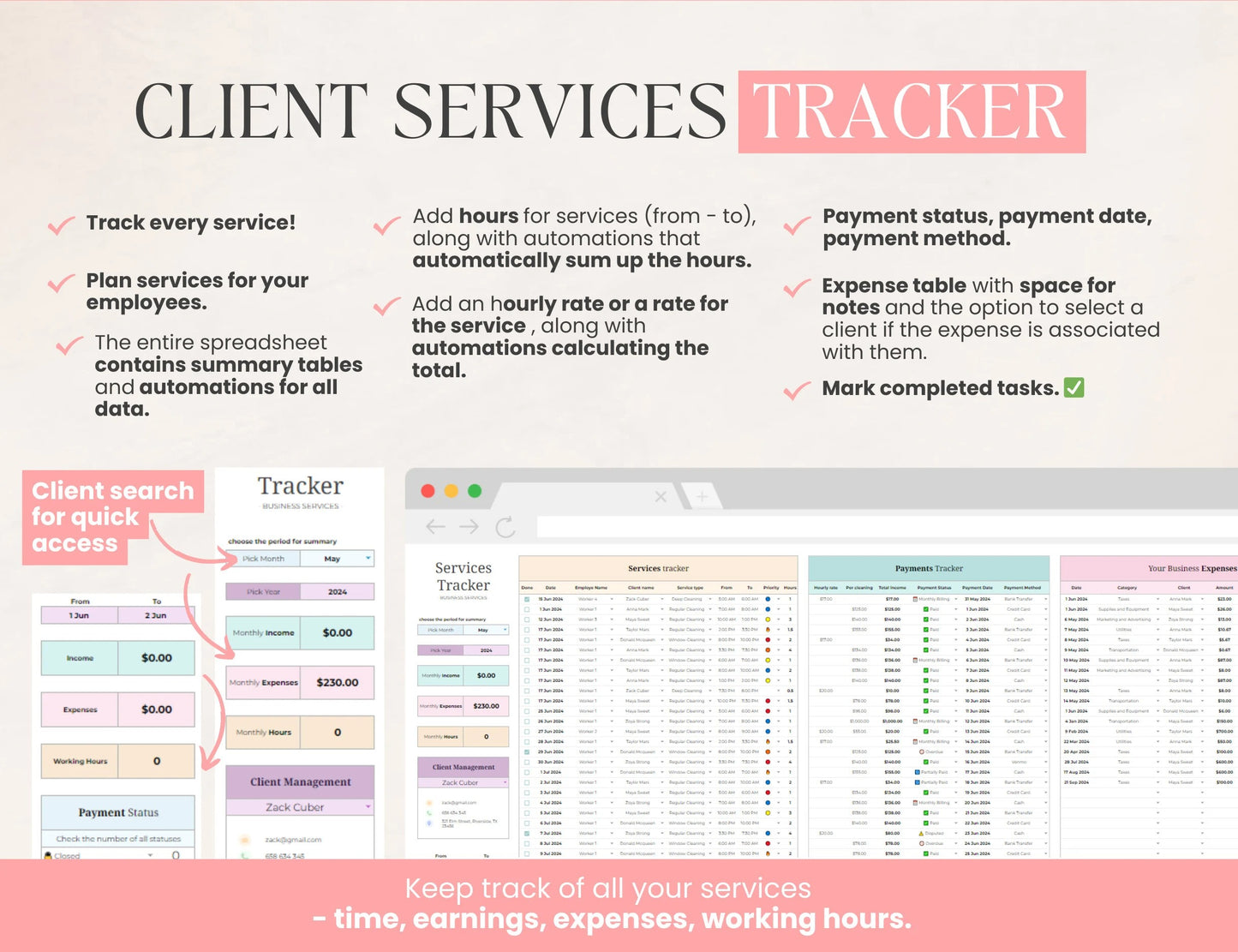 Cleaning Business CRM | Client tracker | Task Tracker Google Sheets Template | Budget | Cleaning Schedule