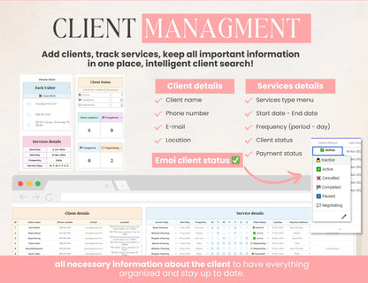 Cleaning Business CRM | Client tracker | Task Tracker Google Sheets Template | Budget | Cleaning Schedule